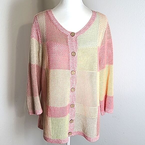 CJ Banks  Pastel Open-Knit Buttondown Sweater, Shades of Pink, Peach,Size X, 14W - Picture 1 of 9